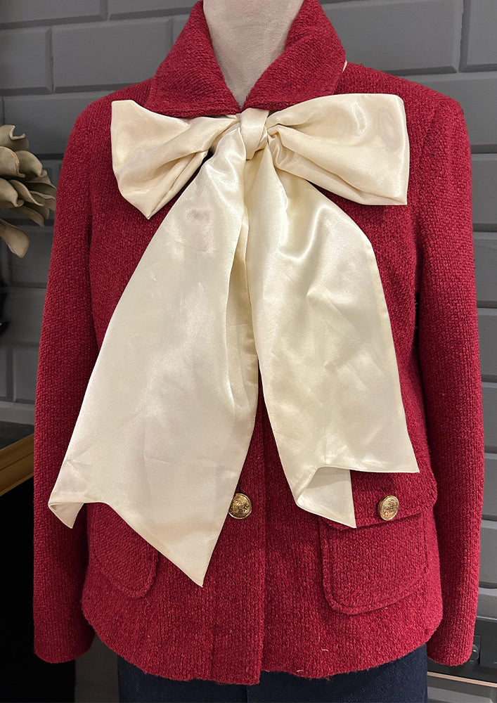 Fuchsia Woolen Blazer with satin bow