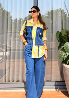 Yellow Striped Denim Shirt with Popcorn Handwork & Barrel Pants
