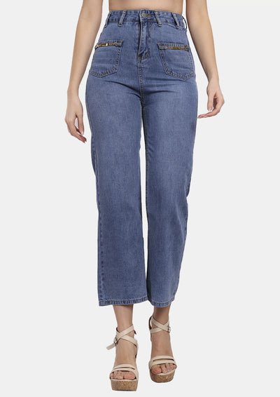 Blue Washed High Waisted Denim Jeans With A Front Patch Pocket And Chain Detailing