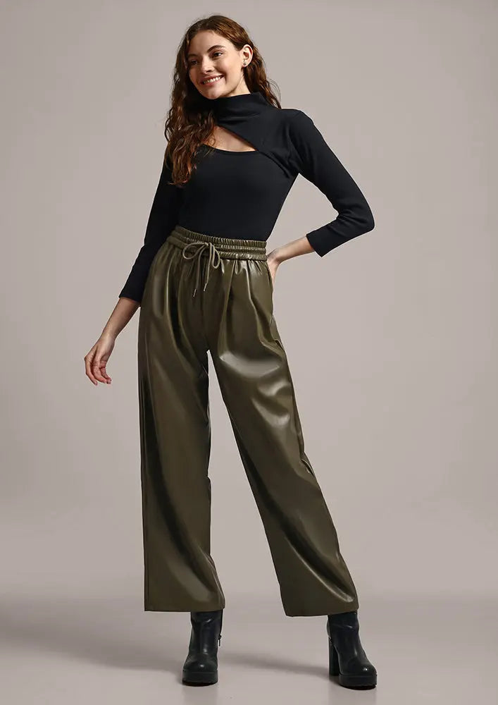 Olive Green Faux Leather Wide leg trousers IKI CHIC