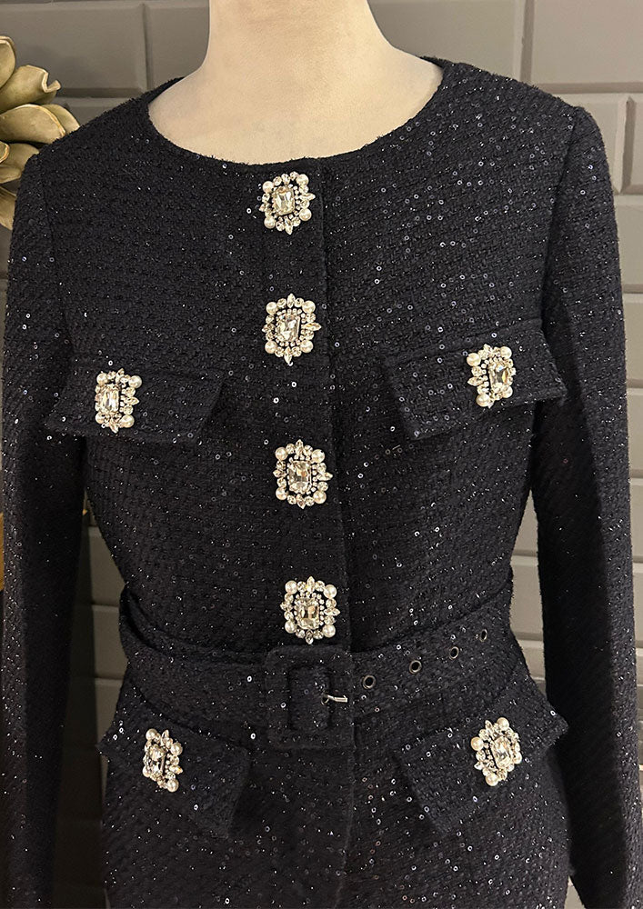 Blue tweed Jacket with swarouski detail show buttons