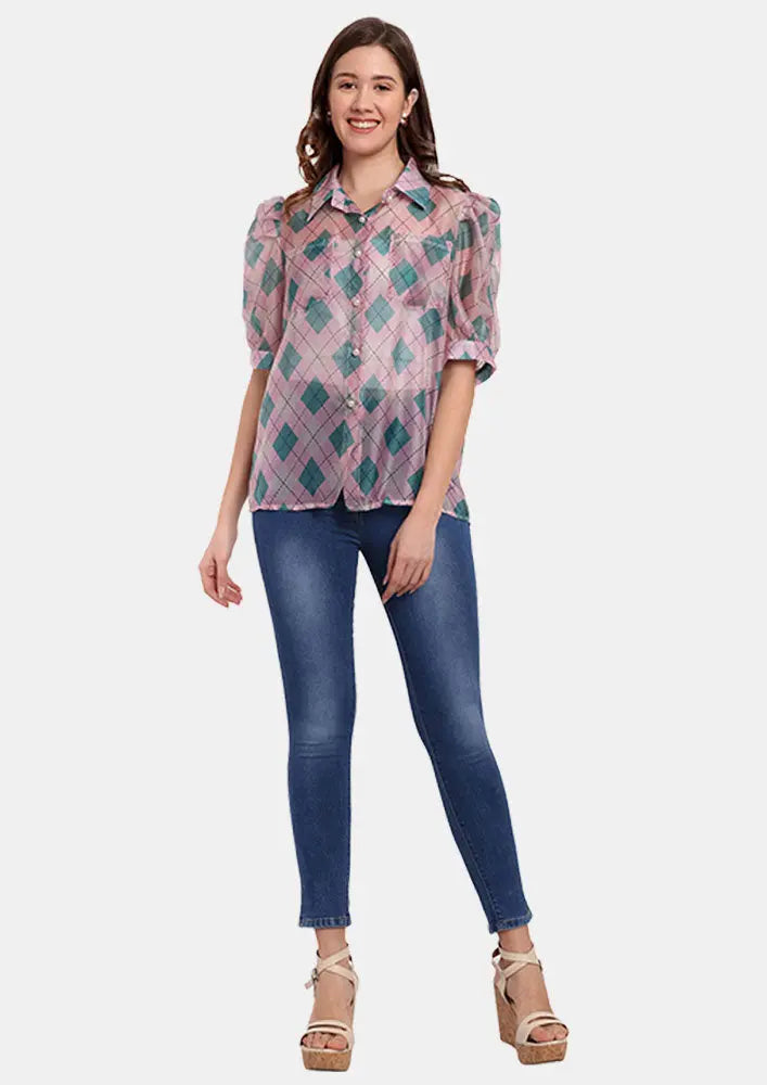Pink Printed Collared Shirt With Pearl Front Button Up And Puff Sleeves IKI CHIC Private Ltd