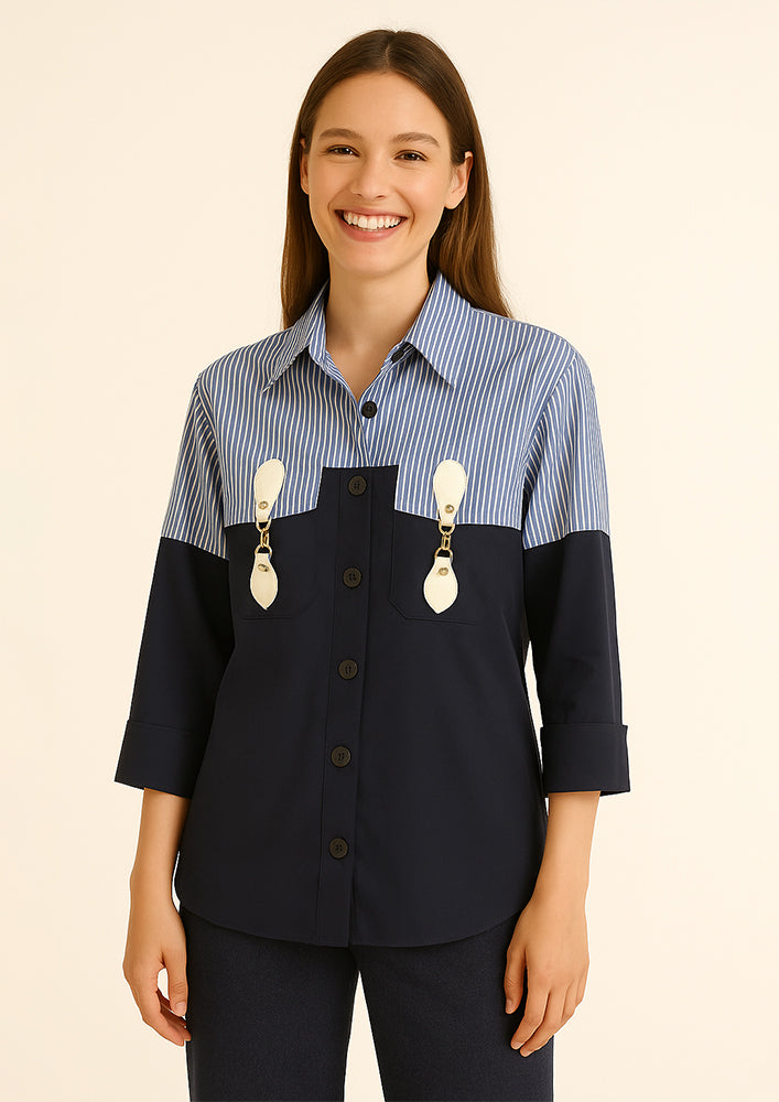 Stripe And Navy Blue Popplin Shirt