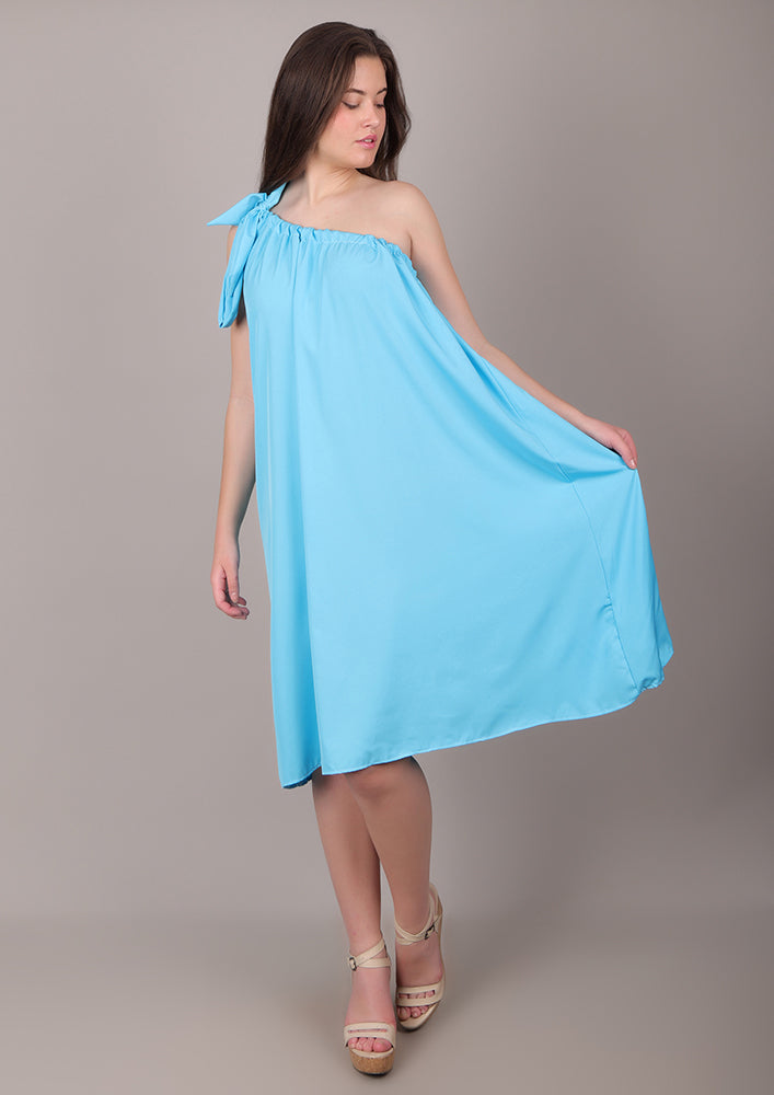 Sky Blue One-Shoulder Tie-Up Midi Dress