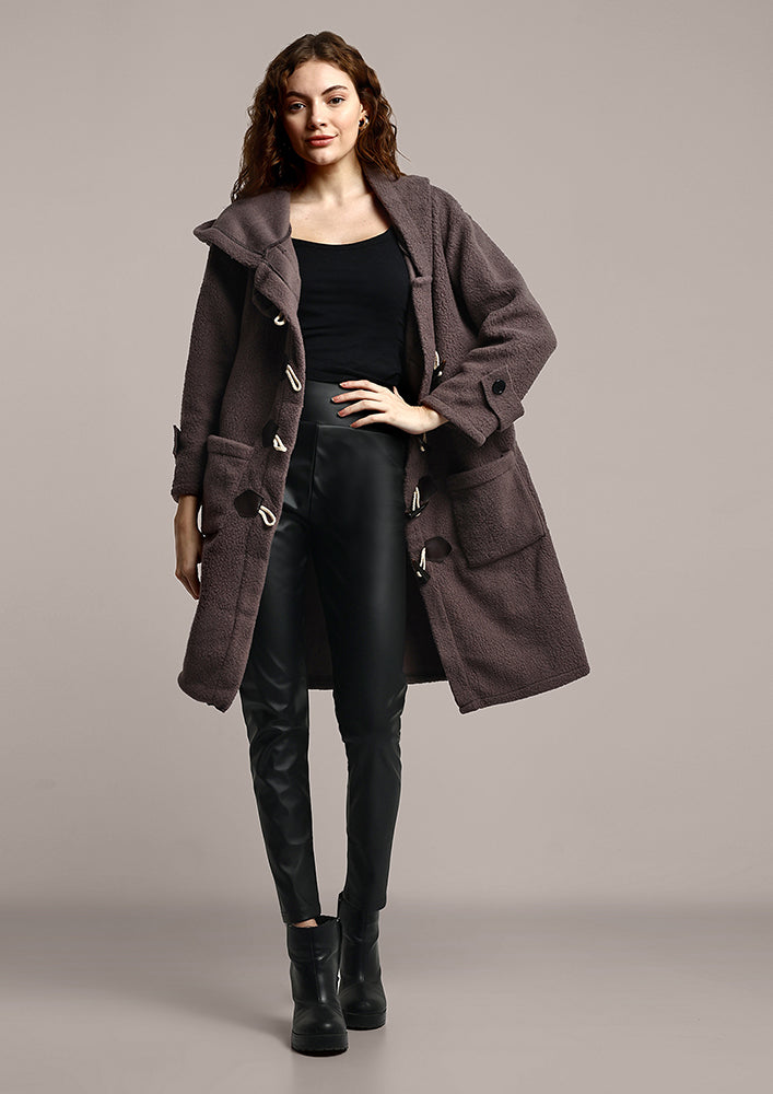 Teddy Fur Hooded Long  Coat With Buckles