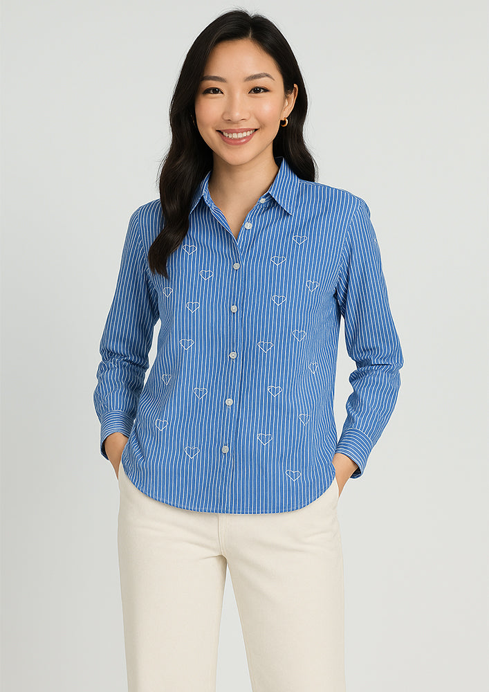 Blue Striped Shirt with Heart-Shaped Stone Work