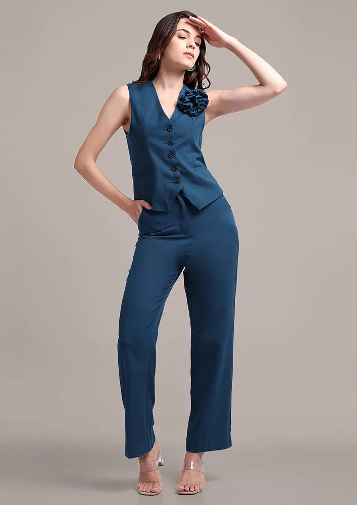 Teal Blue Sleeveless Front Button-Up Vest With High Waisted Pants IKI CHIC Private Ltd