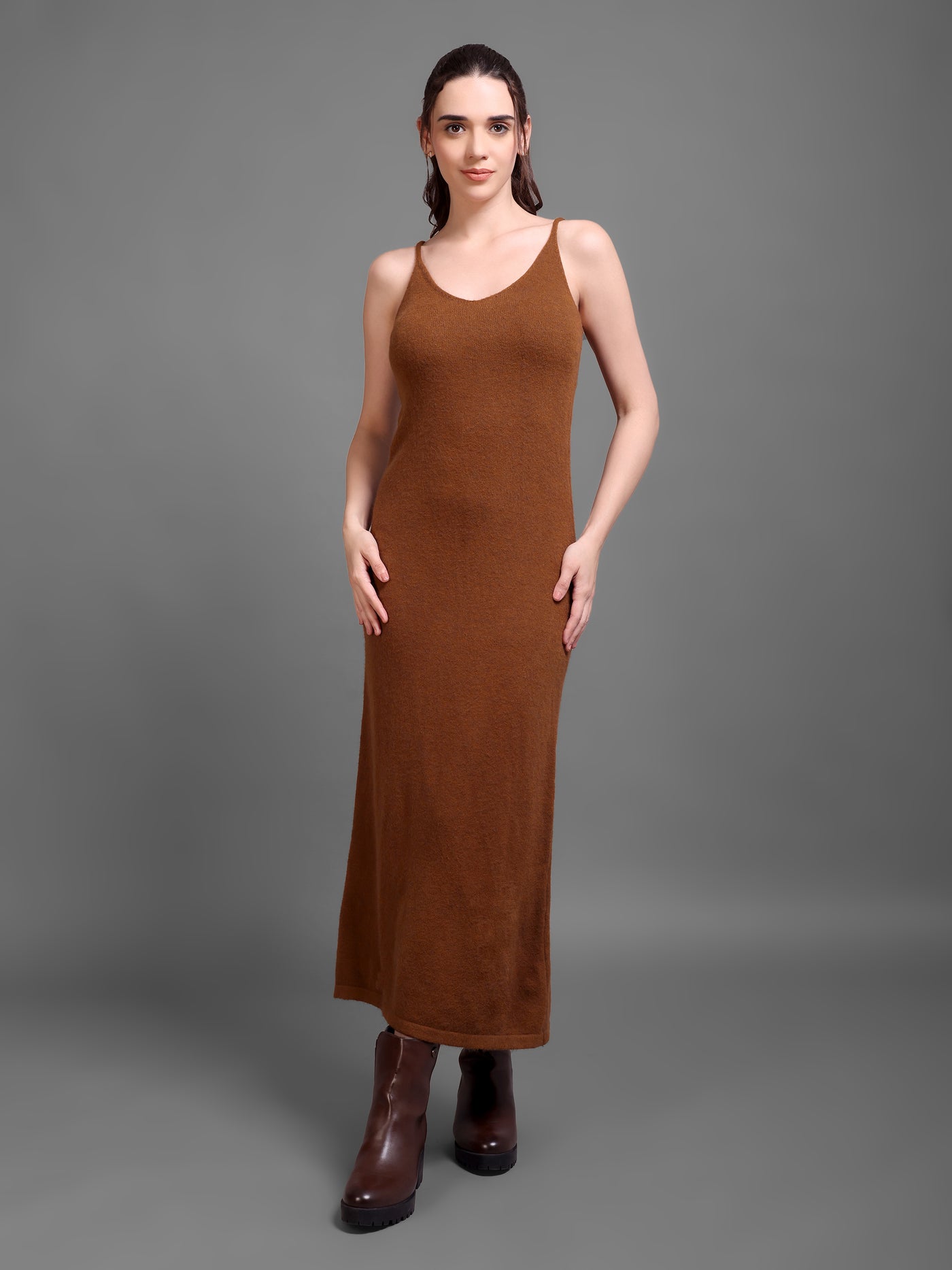 Brown Sleeveless Knit Dress with Matching Cape