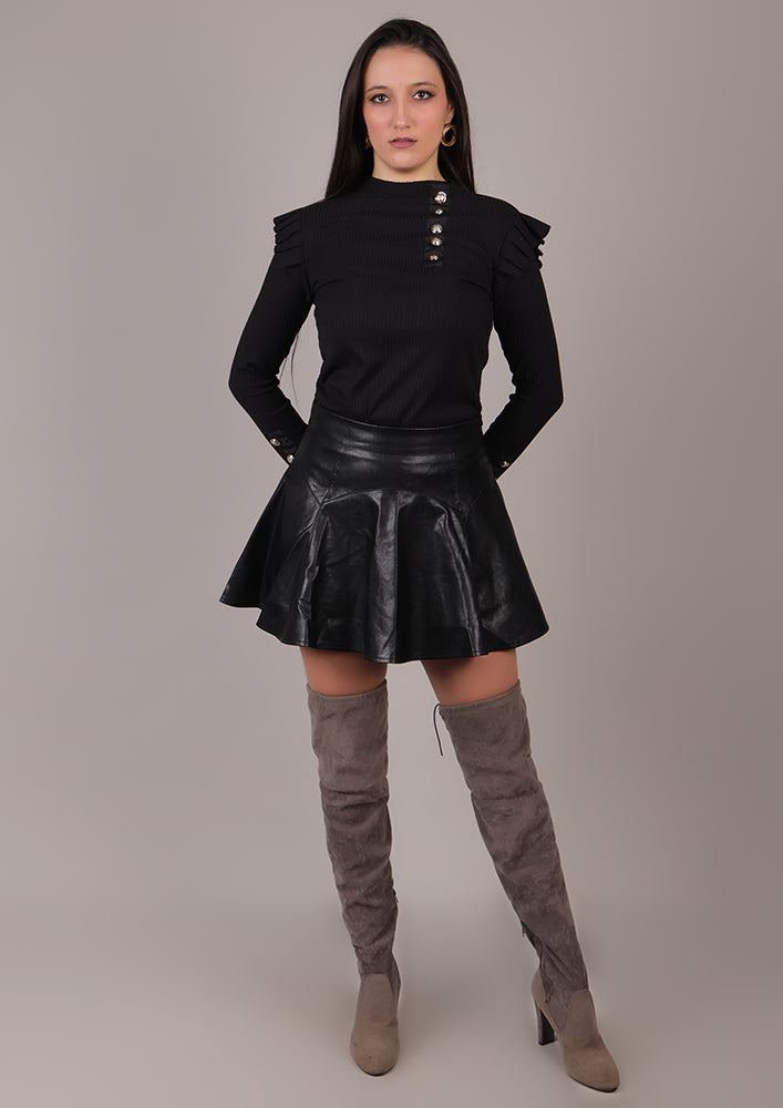 Black Leather Mini A-Line Skirt IKI CHIC Private Ltd.