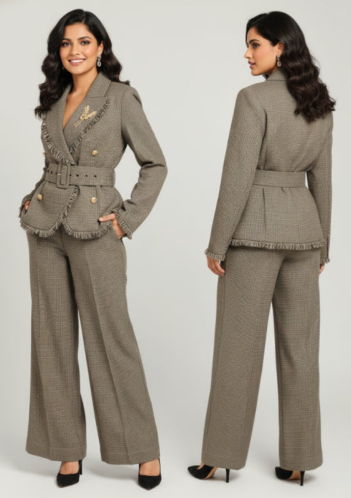Woolen check print tailored blazer and pants set