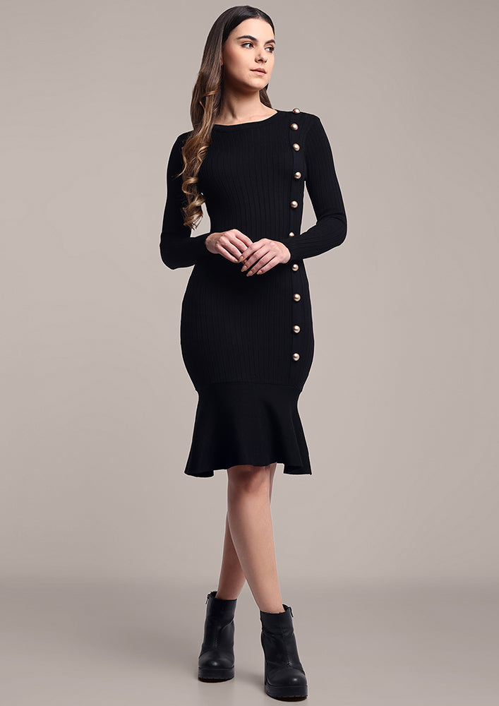 Black Knitted Dress with Side Button Placket