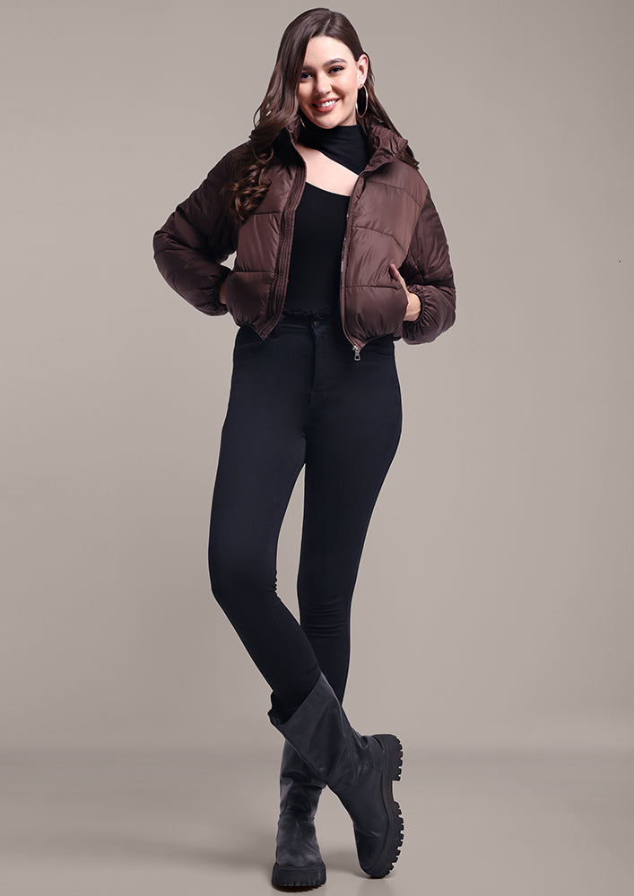 Brown Quilted Short Puffer Jacket