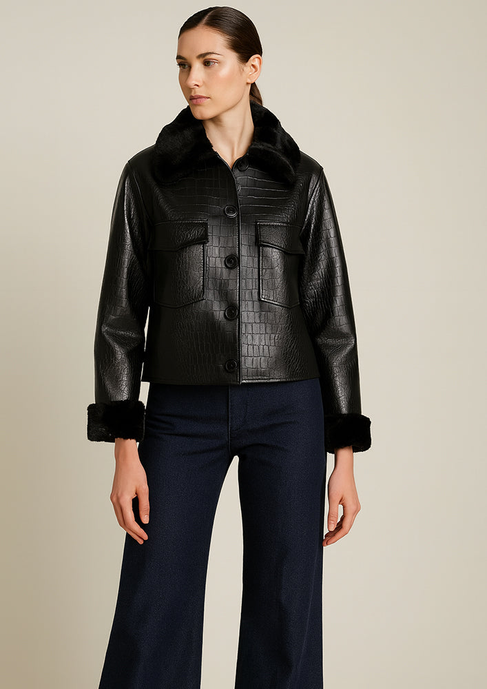 Black Crocodile Leather Jacket With Fur Collars And Detachable Cuffs