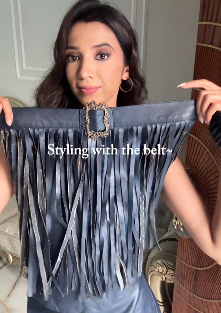 Navy Blue Statement Leather Fringed Belt