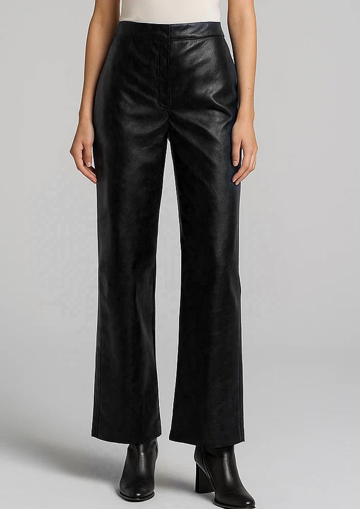 Navy Blue Straight Leather Pants
