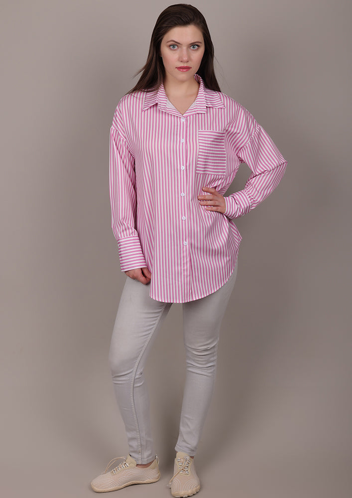 Pink striped shirt with a horizontal-striped pocket IKI CHIC Private Ltd.