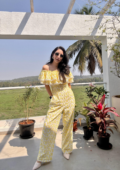 Yellow Off-Shoulder embroidered schiffli jumpsuit with buckle belt