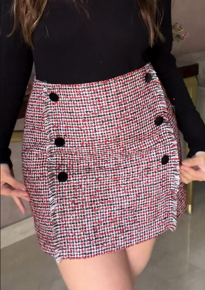 Red & Black Buttoned Tweed Mini Skirt