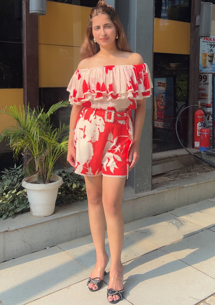 Red & Beige, printed off-shoulder short Set IKI CHIC Private Ltd.