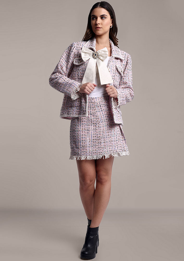 Pink Tweed Jacket with Swarovski Bow & Skirt Set