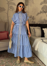 Blue Stripe Chain-Trim Shirt & Tiered Maxi Skirt Set