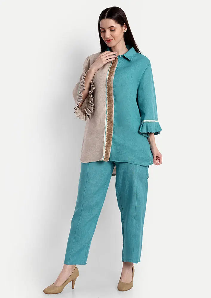 Colorblock Linen High-low Shirt With Straight Pants Set IKI CHIC Private Ltd