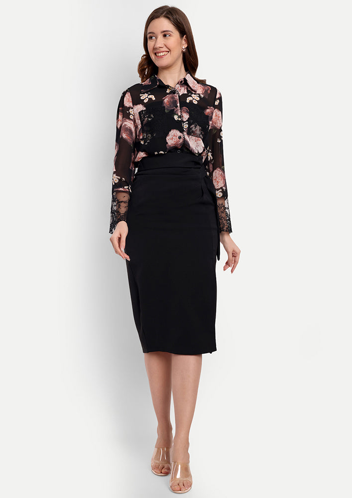Floral Printed Blouse With A Black Draped Pencil Skirt
