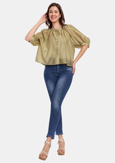 Green Front Button-Up Oversized Top With Puff Raglan Sleeves