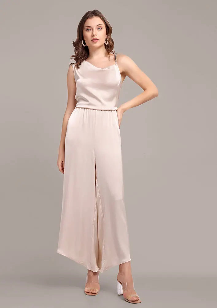 Beige Cowl Neck wide Leg Jumpsuit IKI CHIC Private Ltd