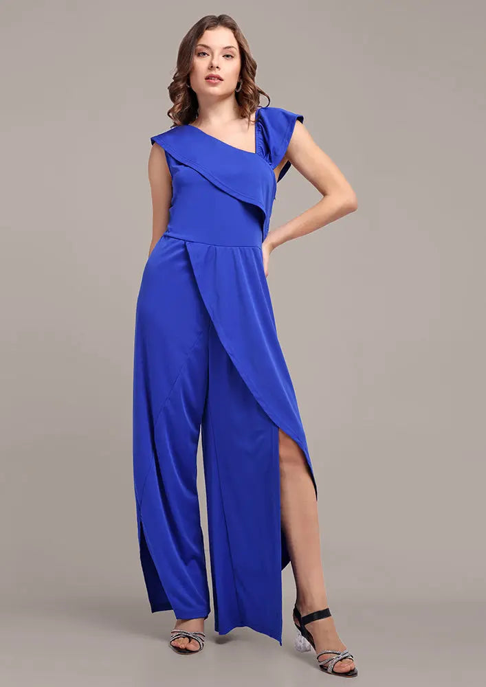 Navy blue one-side ruffle wide-leg jumpsuit IKI CHIC Private Ltd