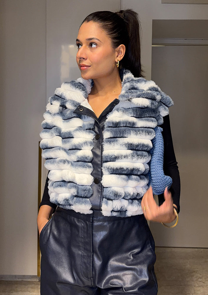 White & Grey Fur Sleeveless Jacket with Leather Detailing