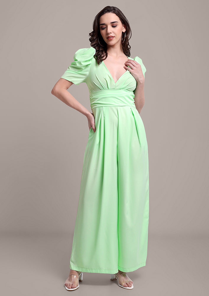 Green V-Neck Jumpsuit IKI CHIC Private Ltd.