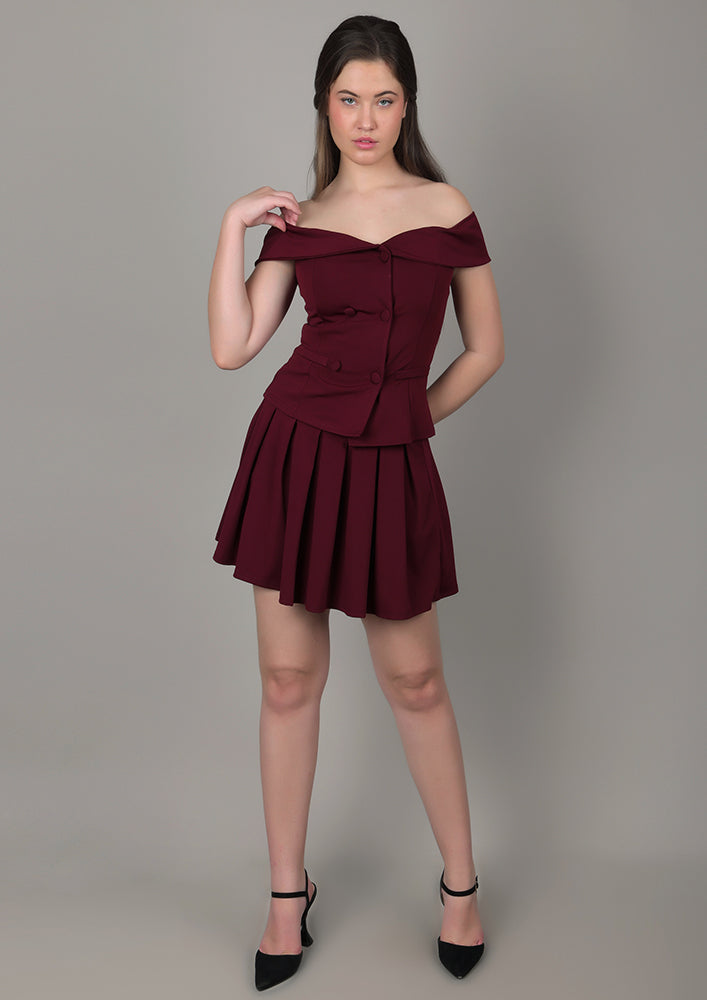 Burgundy Off-Shoulder top with Skirt IKI CHIC Private Ltd.