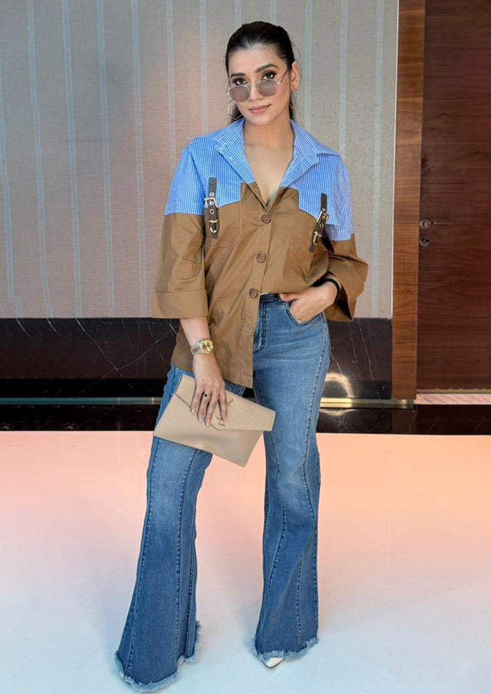 Blue Stripe & Brown Dual-Tone Shirt with Straps