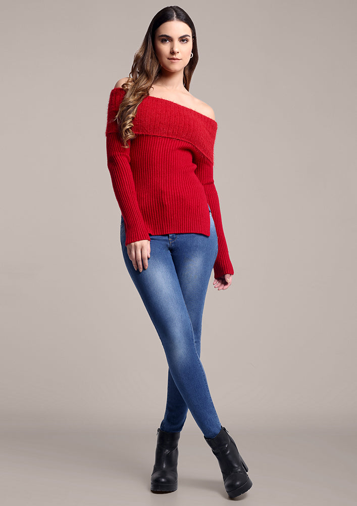 Red Off-Shoulder Sweater with Fur Detail