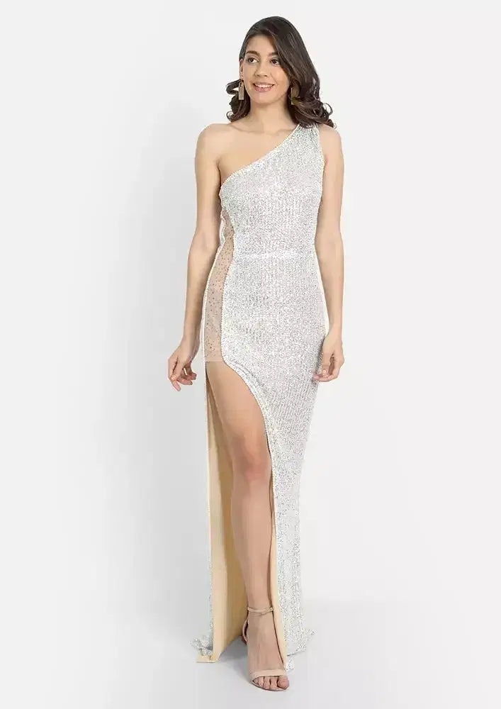 Silver Premium One Shoulder Sequin Gown IKI CHIC Private Ltd.