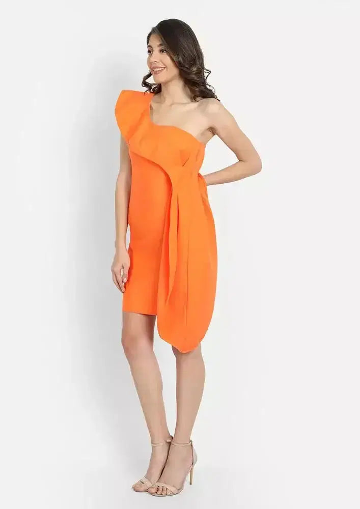 Orange Ruffle Design One-Shoulder Bodycon Mini Dress IKI CHIC Private Ltd.