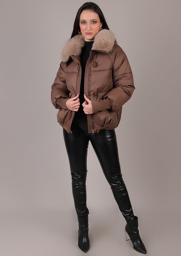 Brown Puffer Jacket With Detachable Fur Collar IKI CHIC Private Ltd.
