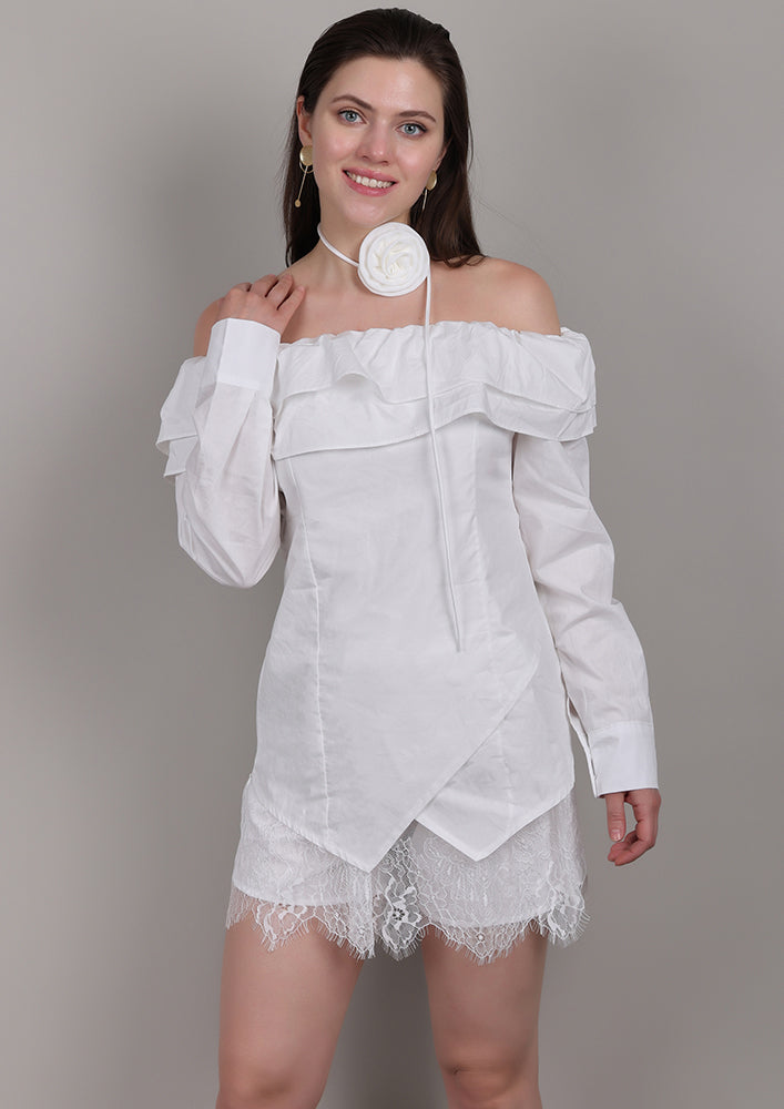 White Off-Shoulder Set with Front Ruffles & Rose Neck Accessory IKI CHIC Private Ltd.