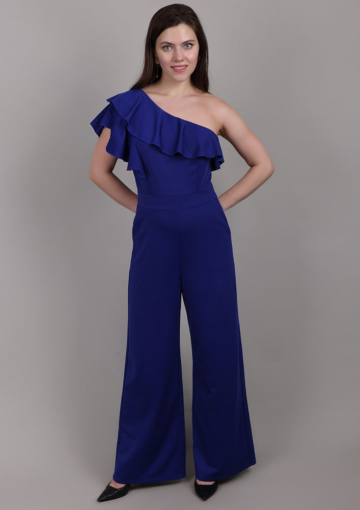 Blue One-Shoulder Jumpsuit with Front Ruffle IKI CHIC Private Ltd.