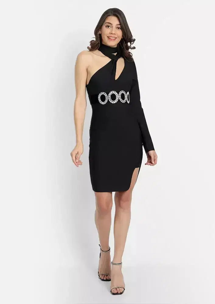 Black One Shoulder Choker Neck Studded Belt Mini Dress IKI CHIC Private Ltd.