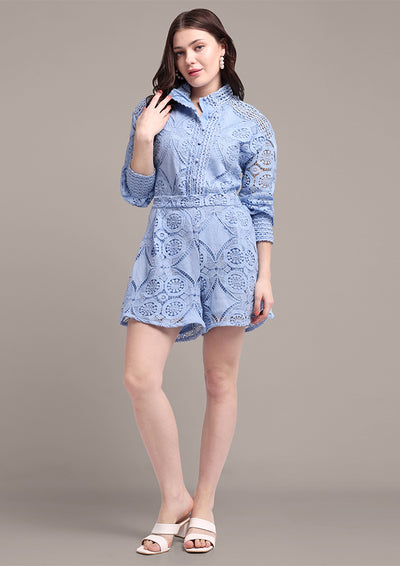 Blue Lace Detail Shirts And Shorts Set