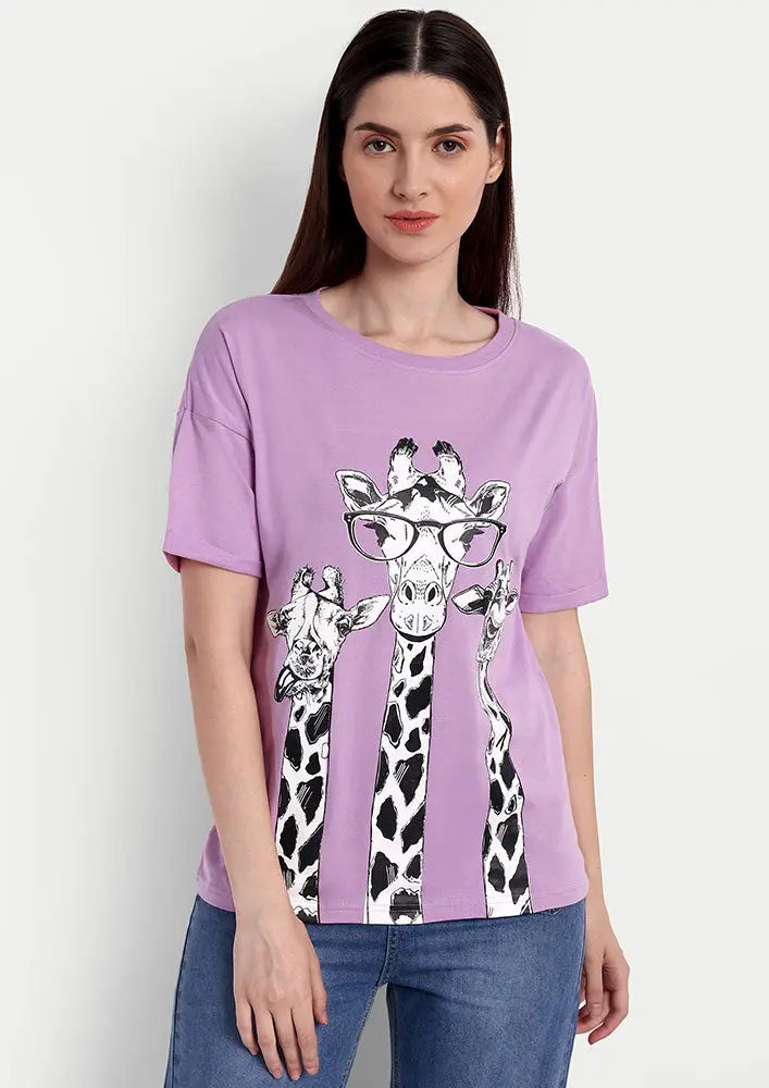 Lavender Giraffe Print Short Sleeve Regular T-Shirt IKI CHIC Private Ltd