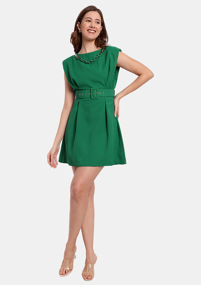 Green Mini Dress With Chain Detailing At Neck And Detachable Belt