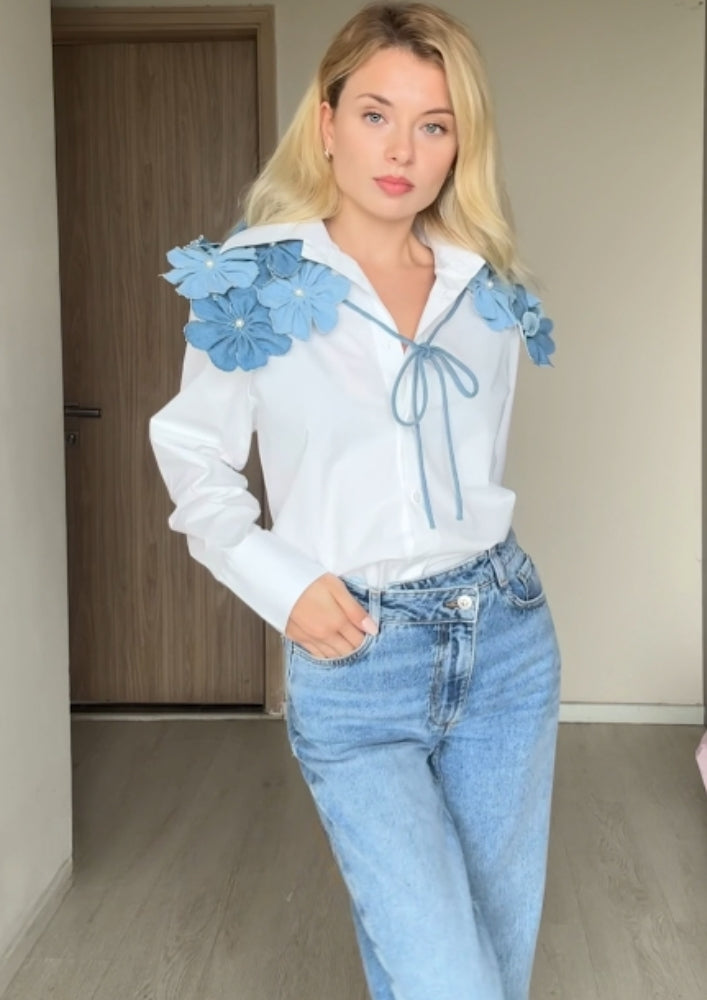 White Poplin Shirt with 3D Floral Collar IKI CHIC Private Ltd