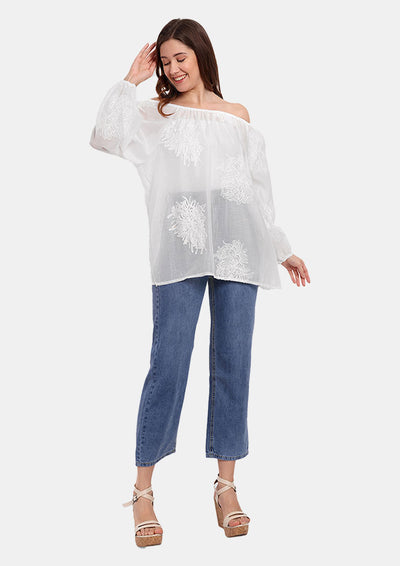 White Embroidered Blouse With Long Puff Sleeves