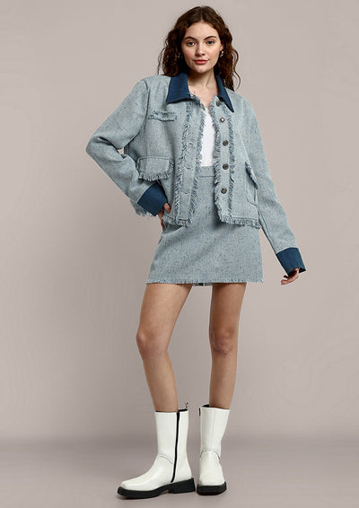 Tweed Short Jacket With A-Line Mini Skirt Set