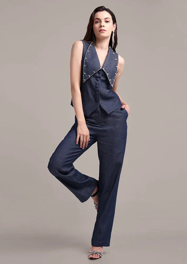 Embellished Lapel Collared Blue Denim Vest With High Waisted Pants Set IKI CHIC Private Ltd