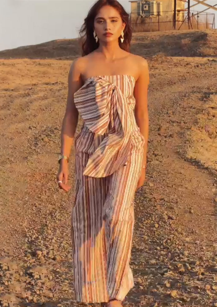 Sunset Stripe Off-shoulder Patched Bow Top With Wide Leg Trouser Set