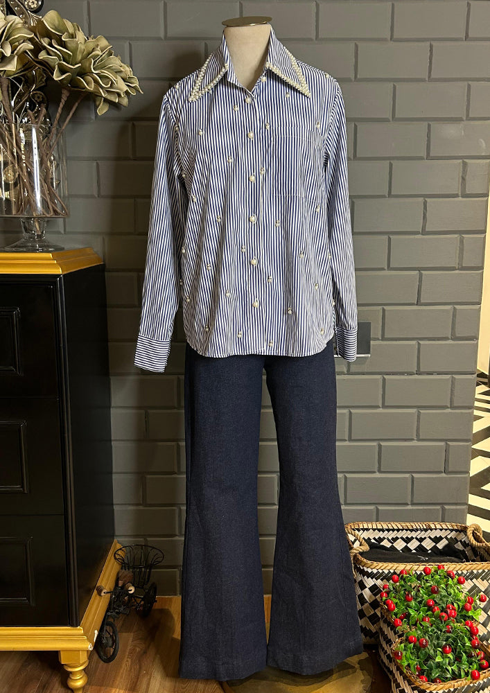 Blue Striped Shirt with Pearl Embellished Collar & Buttons